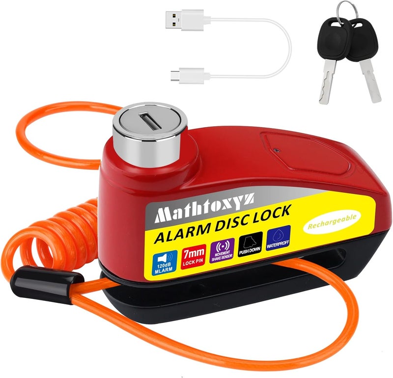 Mathtoxyz Motorcycle Lock Rechargeable, 120dB Alarm Disc Brake Locks Anti-Theft Security Wheel Disc Lock Waterproof with 5ft Reminder Cable and Carry Pouch for Motorbike Bike Scooter - Image 1